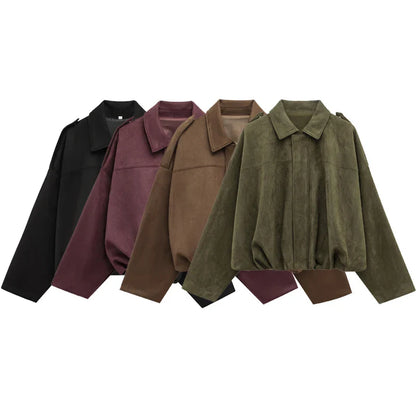 Women's Cropped Bomber Jacket with Lapel Collar and Zip Front