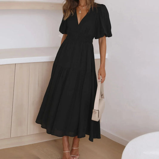 Women's Puff Sleeve Maxi Dress with V-Neck and High Waist
