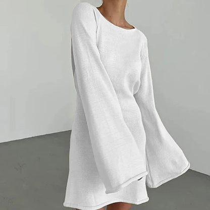 Women's Backless Knit Mini Dress with Bell Sleeves and Tie Back