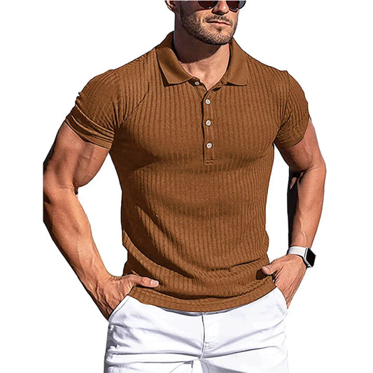 Men's Ribbed Stripe Short Sleeve Polo Shirt with Stand Collar