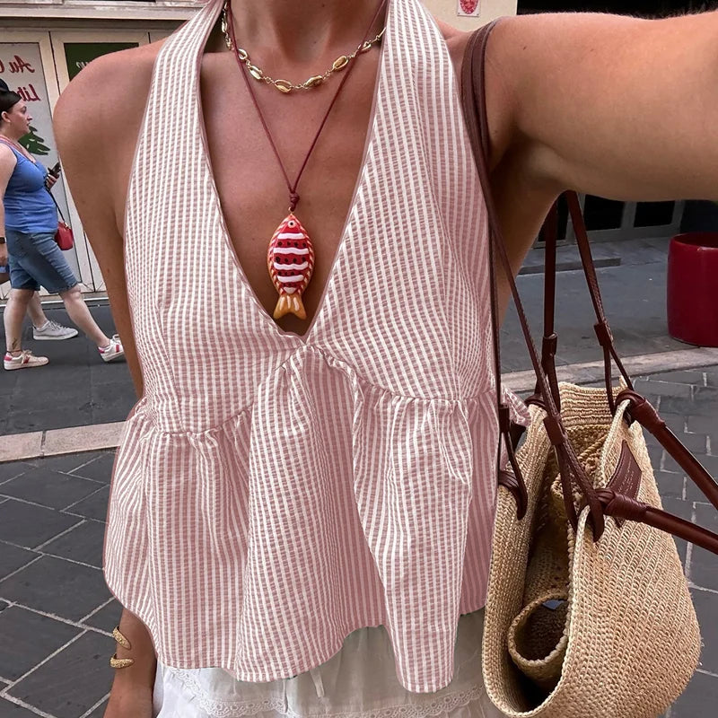 Women's Halter Babydoll Crop Top with Tie Back and Stripes