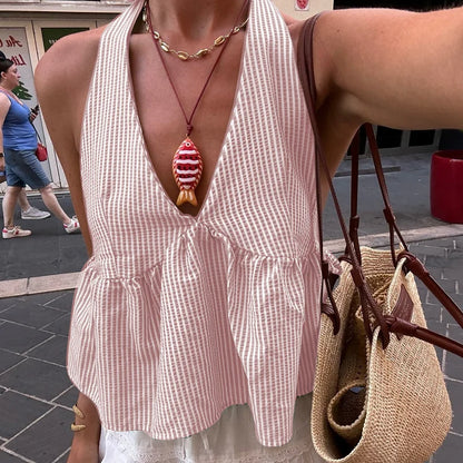 Women's Halter Babydoll Crop Top with Tie Back and Stripes