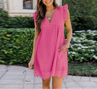 Women's Eyelet Mini Dress with Flutter Sleeves and V-Neck