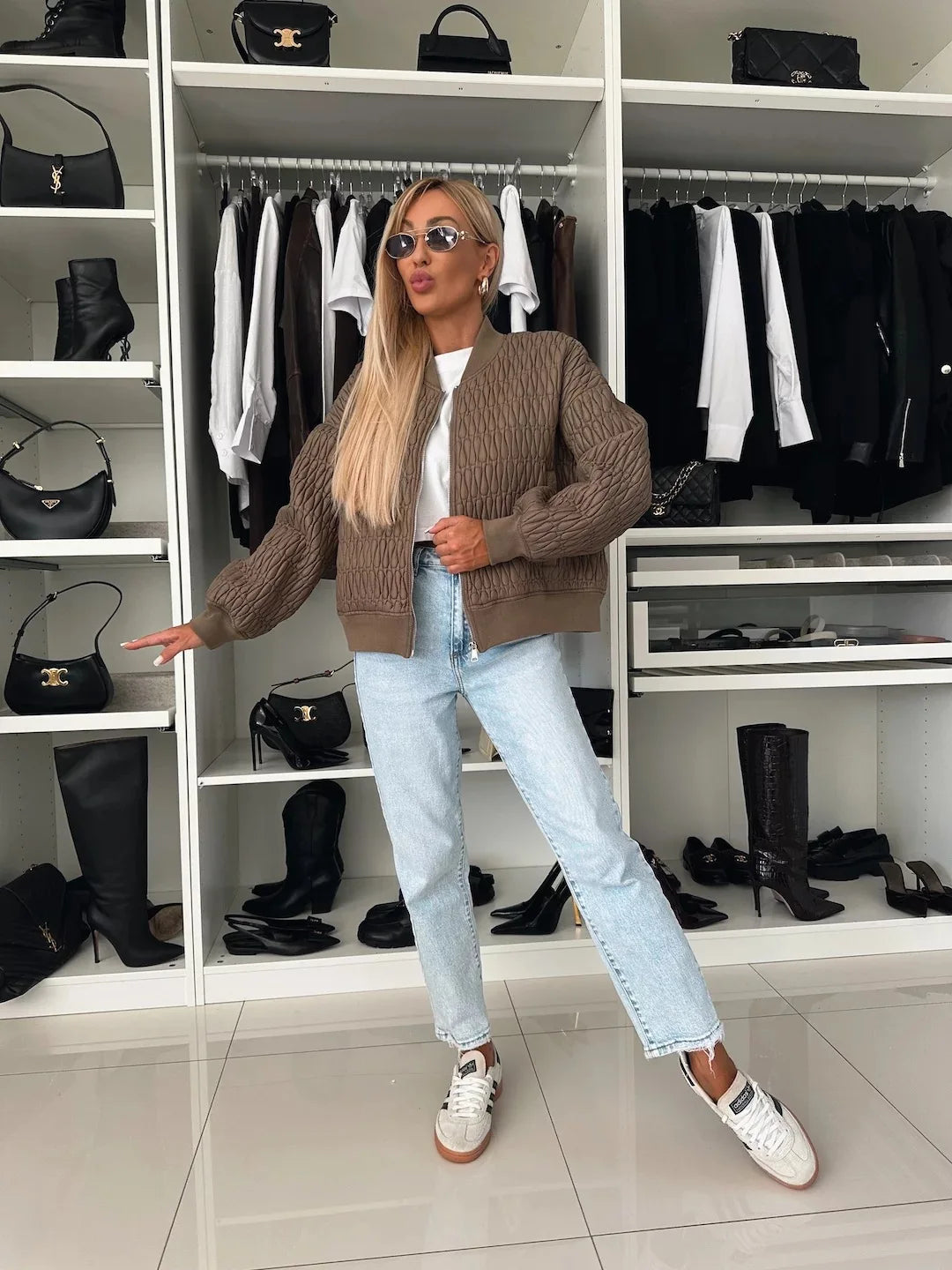 Women's Quilted Bomber Jacket with Zip Front and Ribbed Trim