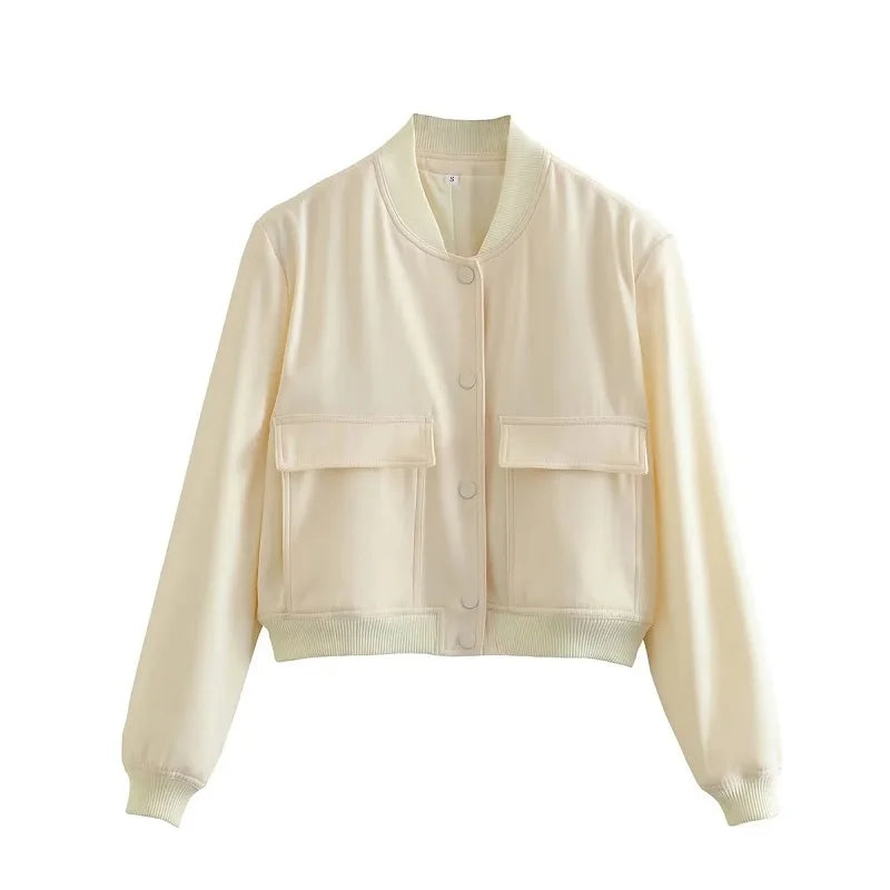 Women's Cropped Bomber Jacket with Snap Buttons and Utility Pockets