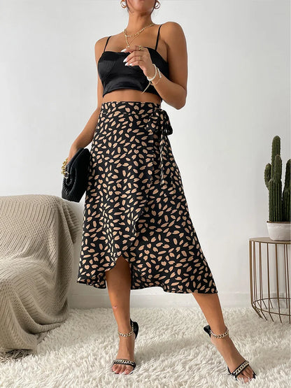 Women's Printed Wrap Midi Skirt with Tie Waist and Asymmetrical Hem