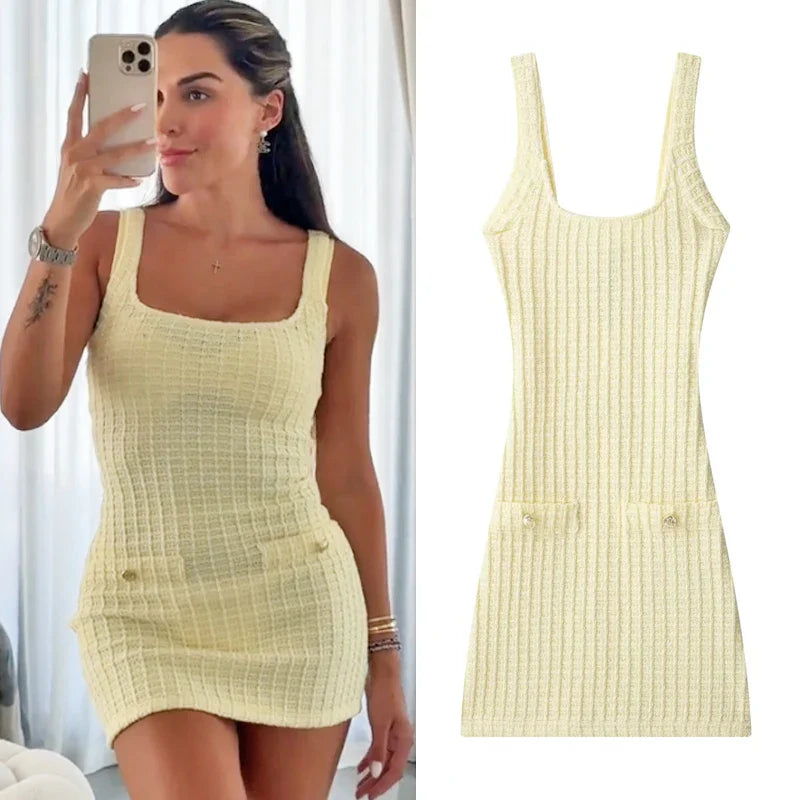 Women's Ribbed Sleeveless Mini Dress with Pocket Details