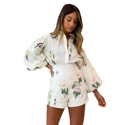 Women's Floral Two-Piece Set with Long Sleeve Shirt and High Shorts