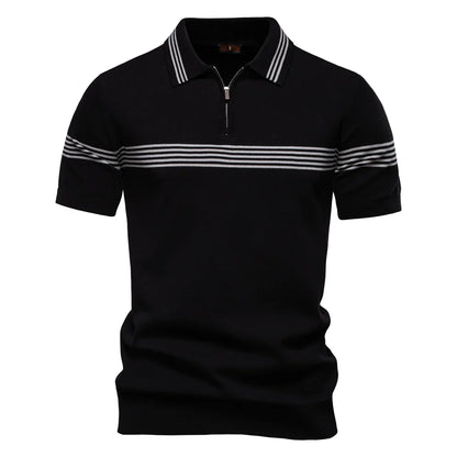 Men's Short-Sleeve Zip Polo Shirt with Chest Stripe and Slim Fit