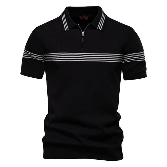 Men's Short-Sleeve Zip Polo Shirt with Chest Stripe and Slim Fit