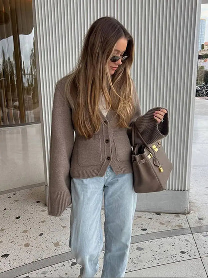 Women's V-Neck Button Cardigan with Ribbed Hem and Patch Pockets