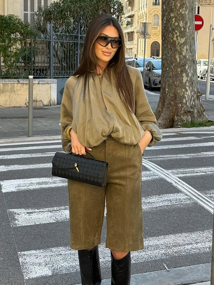 Women's Loose Fit Bomber Jacket with Long Puff Sleeves and Zip Front