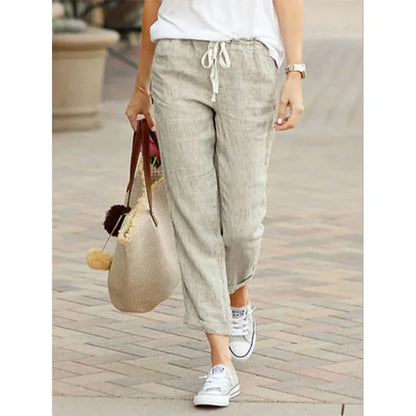 Women's Cotton Drawstring Casual Pants with Elastic Waistband