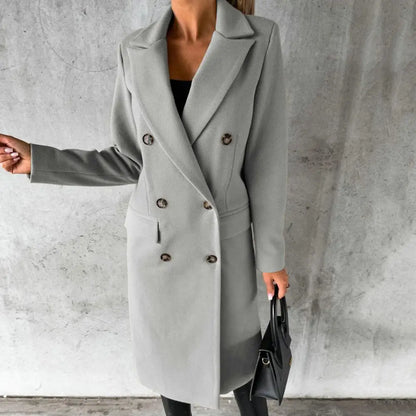 Women's Long Double-Breasted Trench Coat with Button Cuffs