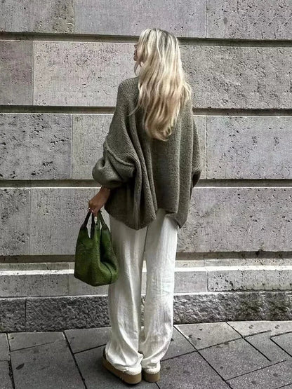 Women's Bat Sleeve Cardigan with Lapel and Metal Button Detail