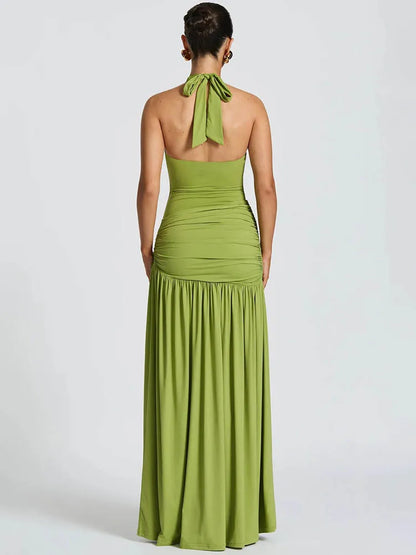 Women's Halter Maxi Dress Set with High Slit and Ruched Waist