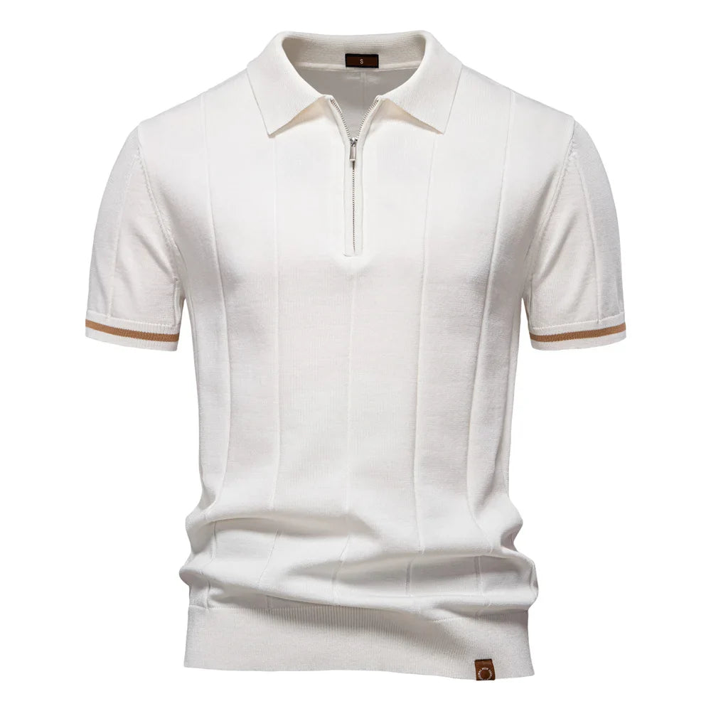 Men's Short-Sleeve Zip Polo Shirt with Contrast Trim and Slim Fit