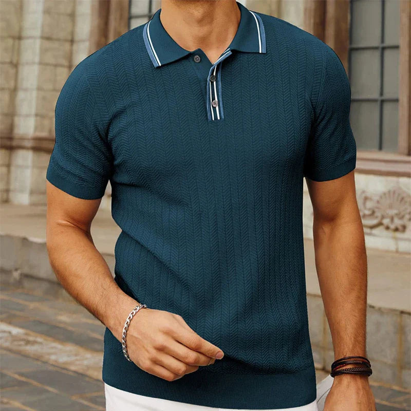 Men's Slim Fit Knitted Polo Shirt with Striped Collar and Button Placket