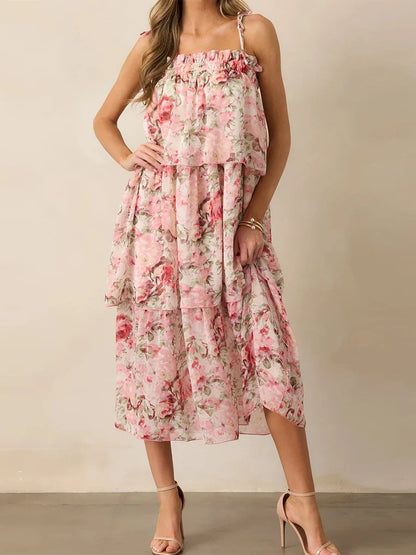 Women's Floral Sleeveless Midi Dress with Tiered Ruffle Hem