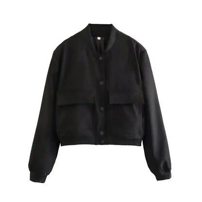Women's Cropped Baseball Collar Bomber Jacket with Snap Buttons