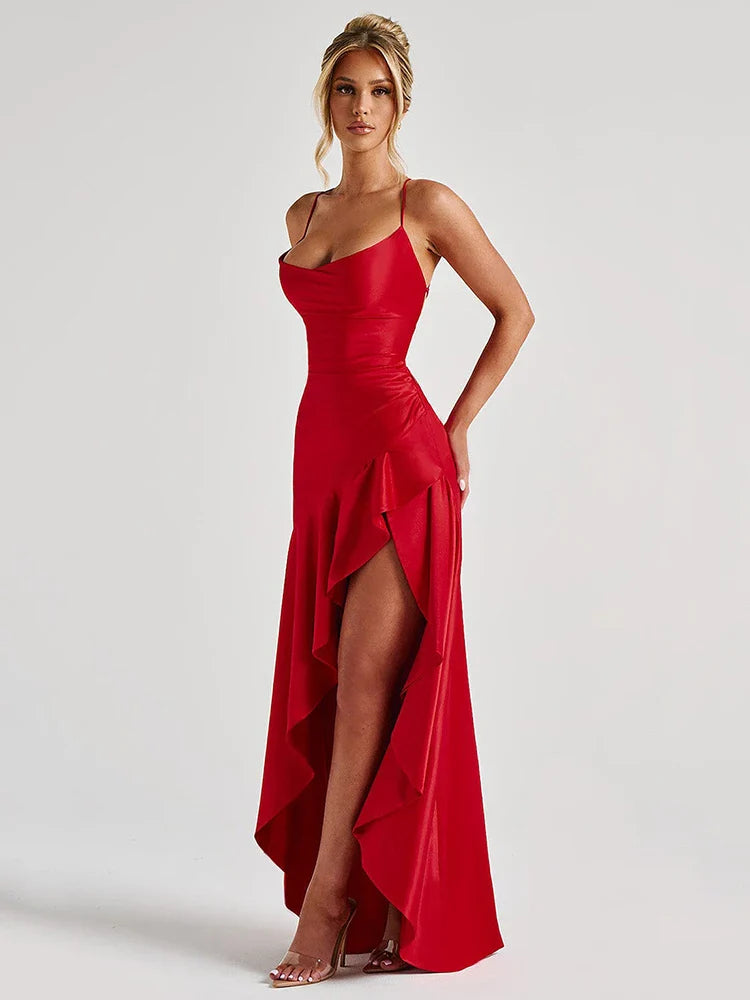 Women's Backless Spaghetti Strap Wedding Guest Maxi Dress