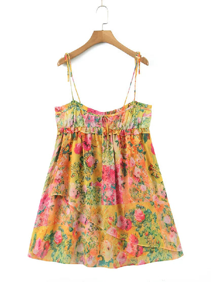 Women's Floral Mini Dress with Spaghetti Straps and Ruffle Detail