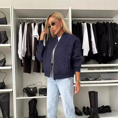 Women's Quilted Bomber Jacket with Zip Front and Ribbed Trim