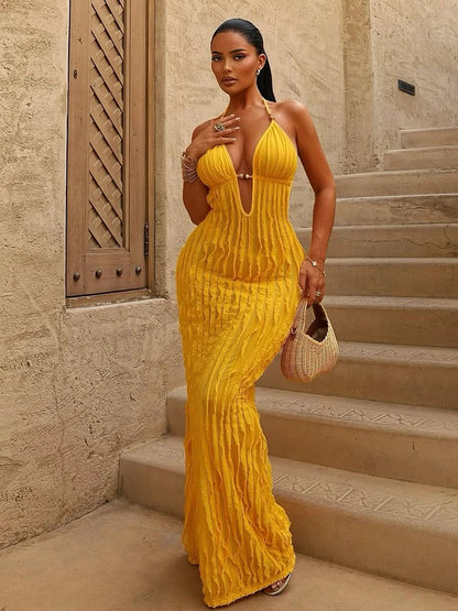 Women's Halter Backless Maxi Dress with Beaded Detail and Ruched Texture