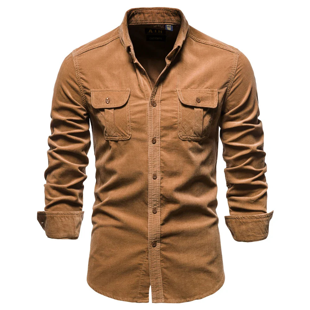 Men's Casual Long-Sleeve Corduroy Shirt with Button-Down Front Style