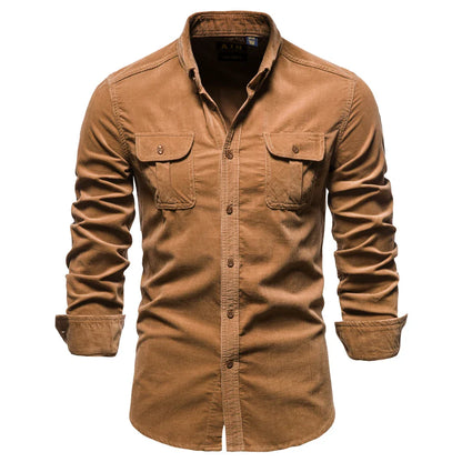 Men's Casual Long-Sleeve Corduroy Shirt with Button-Down Front Style