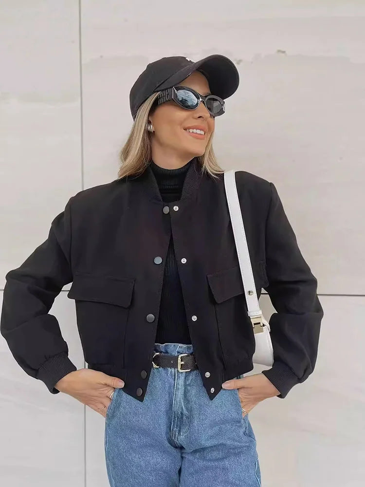 Women's Casual Bomber Jacket with Front Buttons and Flap Pockets