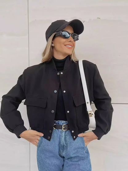Women's Casual Bomber Jacket with Front Buttons and Flap Pockets