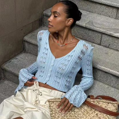 Women's Crochet Knit Long Sleeve Cardigan with V Neck and Button Front