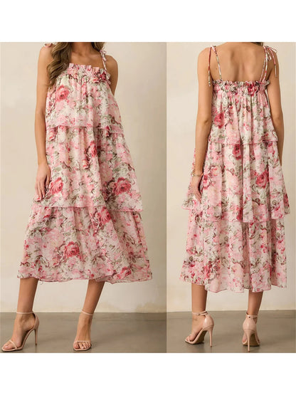 Women's Floral Sleeveless Midi Dress with Tiered Ruffle Hem