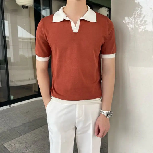 Men's Short Sleeve Polo Shirt with Contrast Collar and Ribbed Hem