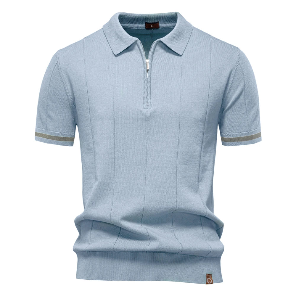 Men's Short-Sleeve Zip Polo Shirt with Contrast Trim and Slim Fit