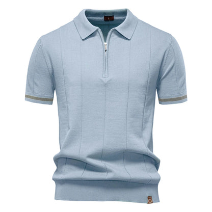 Men's Short-Sleeve Zip Polo Shirt with Contrast Trim and Slim Fit