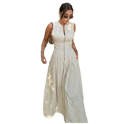 Women's Sleeveless Zip-Front Maxi Dress with Pleated Skirt Design