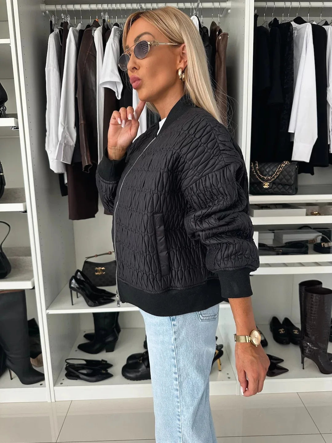 Women's Quilted Bomber Jacket with Zip Front and Ribbed Trim