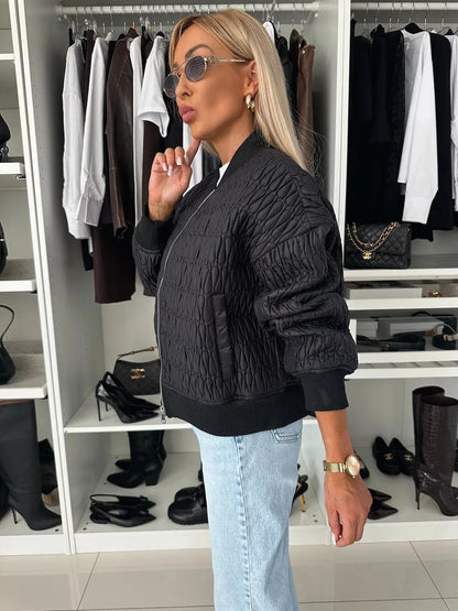 Women's Quilted Bomber Jacket with Zip Front and Ribbed Trim