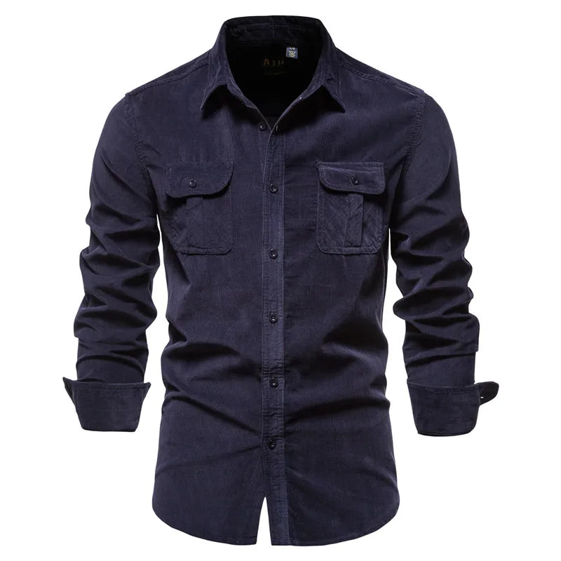 Men's Casual Long-Sleeve Corduroy Shirt with Button-Down Front Style