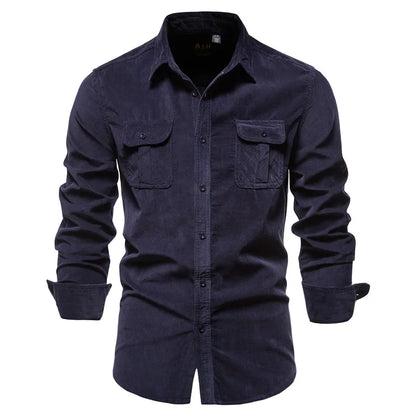 Men's Casual Long-Sleeve Corduroy Shirt with Button-Down Front Style