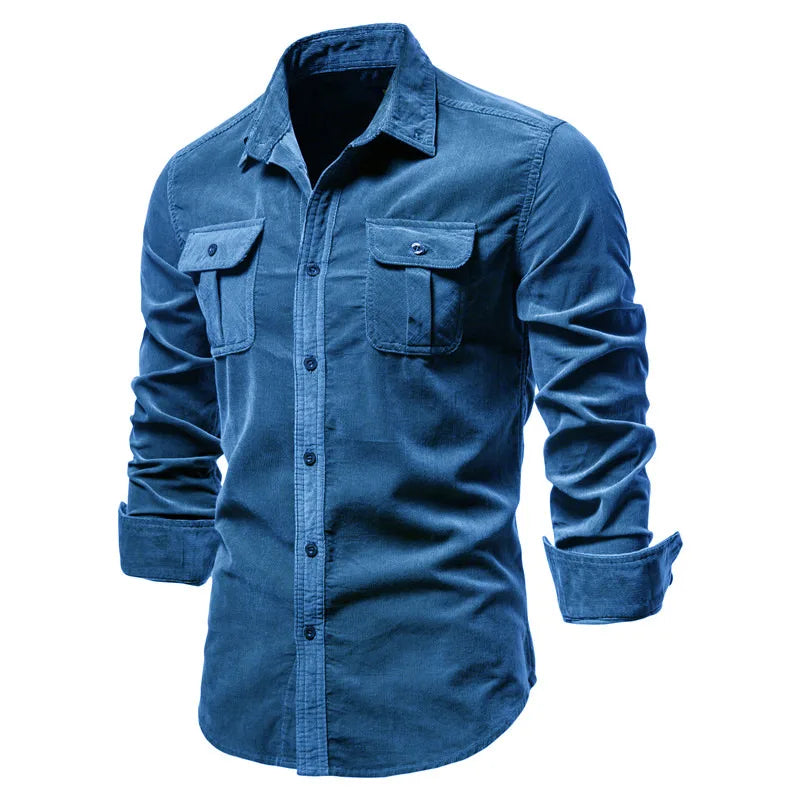 Men's Casual Long-Sleeve Corduroy Shirt with Button-Down Front Style