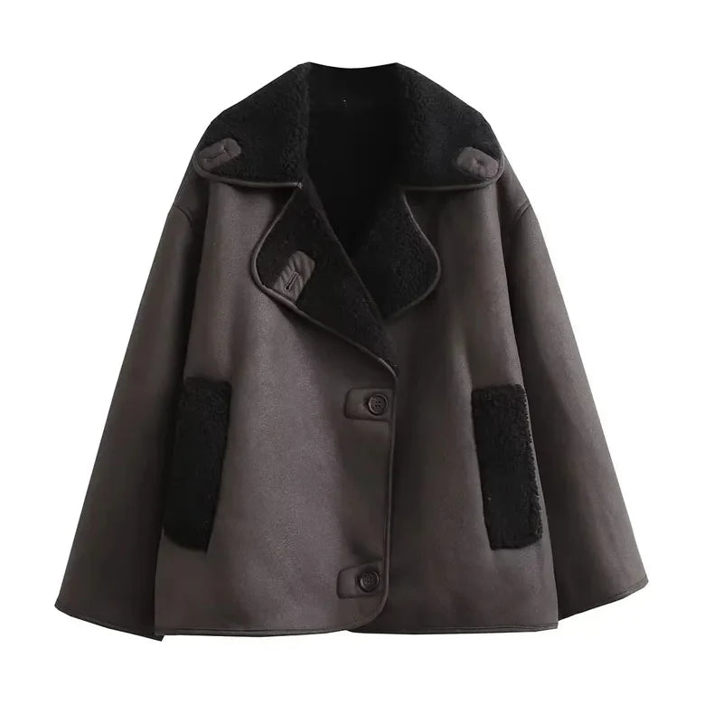 Women's Leather Winter Jacket with Plush Lining and Wide Collar
