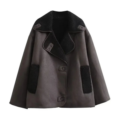 Women's Leather Winter Jacket with Plush Lining and Wide Collar