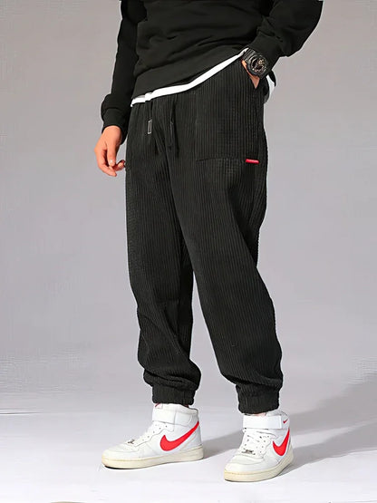 Men's Baggy Corduroy Trousers Casual Joggers with Drawstring Waist