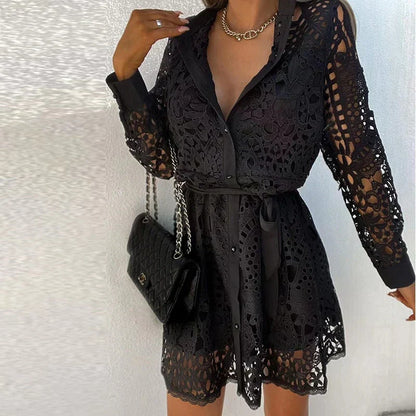 Women's Mini Lace Shirt Dress with Long Sleeves and Belted Waist