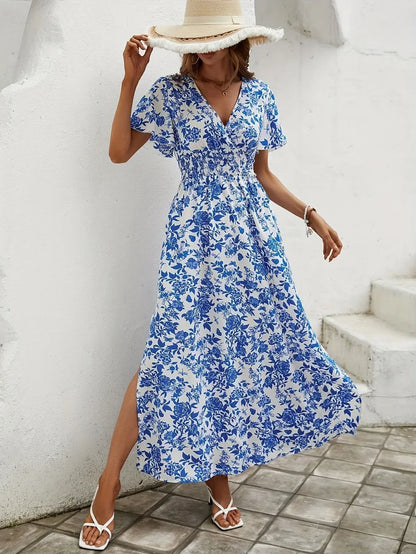 Women's Floral V-Neck Maxi Dress with Slit and Short Flutter Sleeves