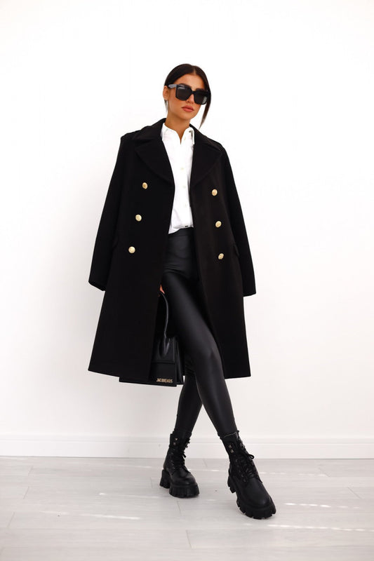 Women's Double-Breasted Long Coat with Gold Button Accents