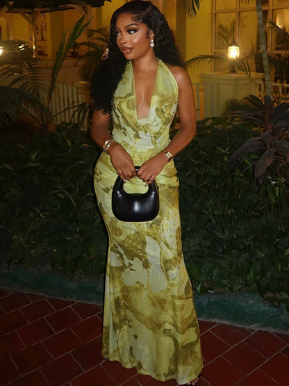 Women's Halter Maxi Dress with Artistic Print and Draped Neckline